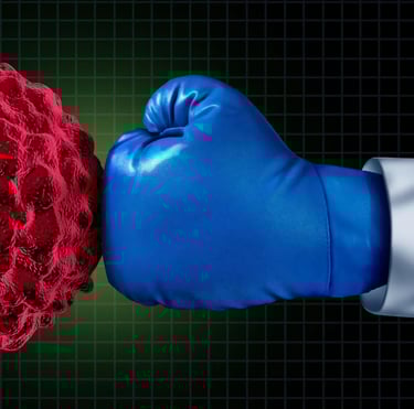 a boxing glove hitting a cancer cell