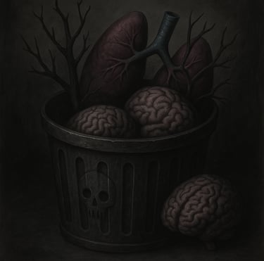 a bin with organs and trees