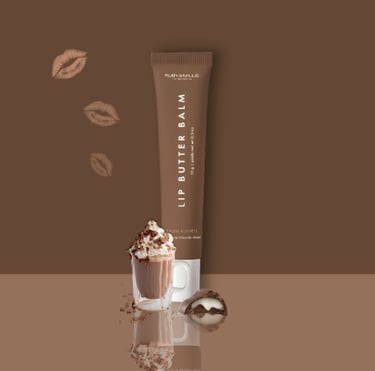Ruby & Millie Hot Cocoa lip butter displayed on a warm aesthetic background, by lushoasie