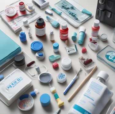 A selection of medical supplies neatly arranged on a table.