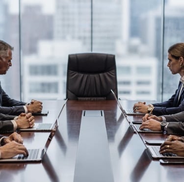 Empty chair at a boardroom meeting with executives present, representing absence of after-sales leadership in decision-making