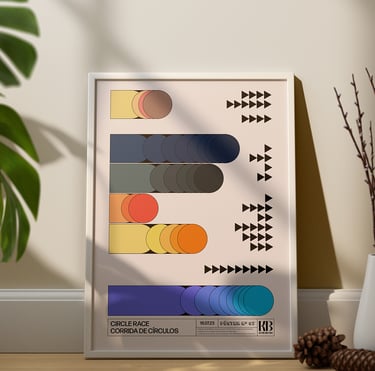 Quadro decorativo com moldura branca, impressão em vinil e arte personalizada inspirada na bauhaus