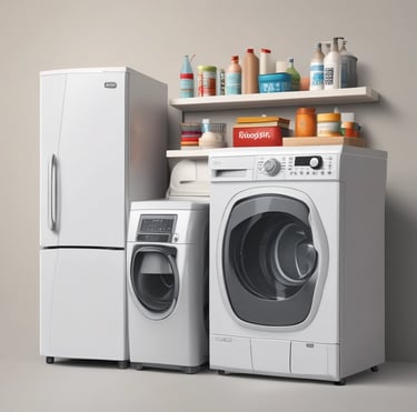 A storefront features various household appliances and furniture. Several refrigerators are placed outside, alongside couches and chairs. The background shows a building with signage and open doorways. A person stands near the entrance.