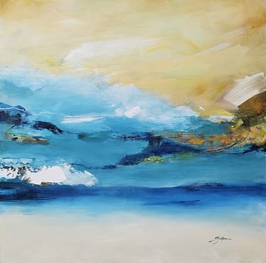 Abstract landscape painting with blue waves, gold skies, and white textured brushstrokes.