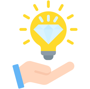 flat-style icon showing a glowing bulb with a diamond inside of it and a hand holding it