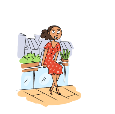 a woman in a red dress standing in front of a house