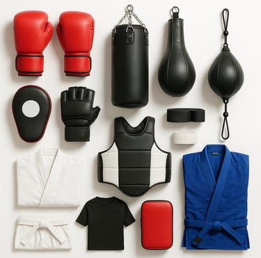 Boxing and martial arts equipment including gloves, pads, head guards and bags