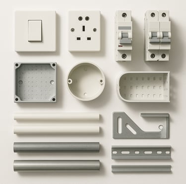 Electrical fittings including switches, sockets and installation accessories for construction projec