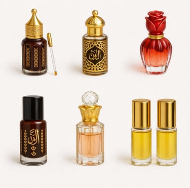 Islamic perfume attar bottles with traditional fragrance oils for religious use and gifts, export quality alcohol free attar.
