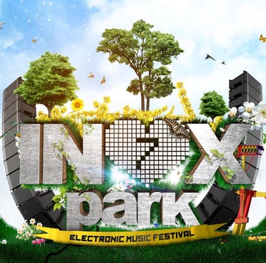 Inox Park Electronic Music Festival logo with nature elements, trees, and concert speakers.