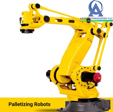 Yellow industrial palletizing robot arm by ARM Technologies KSA for automated warehouse manufacturing.