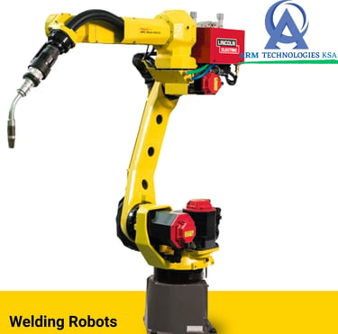 A yellow Fanuc industrial welding robot arm with Lincoln Electric equipment for automated manufacturing.