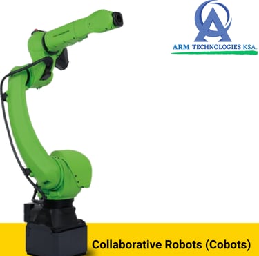 A bright green collaborative robot cobot arm by ARM Technologies KSA for industrial automation.