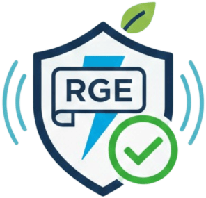 Icône bouclier avec label RGE et coche verte représentant un électricien certifié pour travaux éligibles aux aides