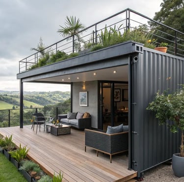Black container house with a big terrace