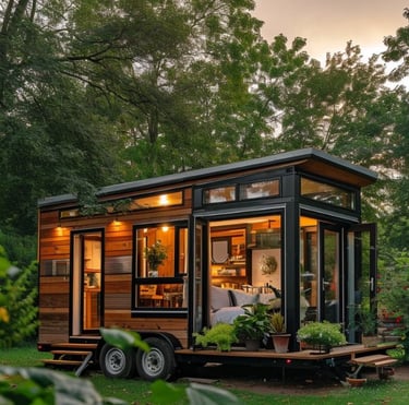 Tiny house on wheels in the forest the lights on