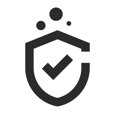 Black security shield icon with a checkmark representing verified protection and data safety.