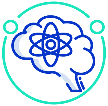 A blue line art icon of a human brain with an atom symbol inside a green circular border.