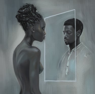 Digital painting of a woman standing in front of a mirror