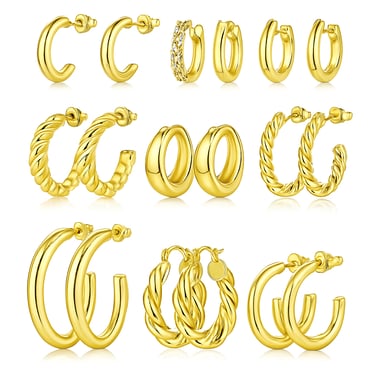 9 pack gold hoop earrings variying sizes