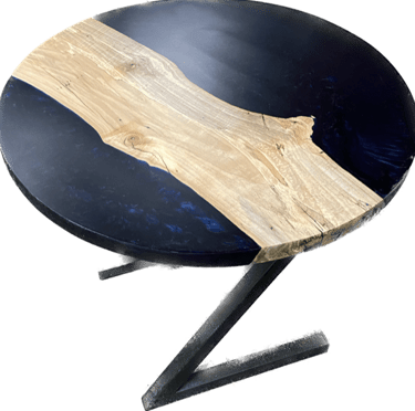 Blue eye epoxy and spalted maple z leg table made by Austen at Eternally Furnished.