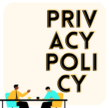 Two men sitting at a table with a privacy policy sign behind them.