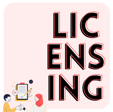 a woman is standing in front of a sign that says licensing.