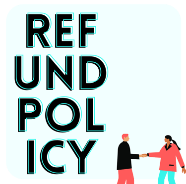 A man and woman shaking hands with the words refunded policy on a sign behind them.