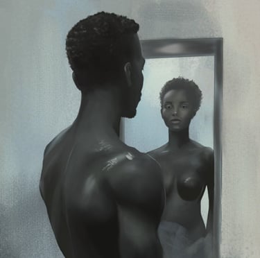 Digital painting of a man in front of a mirror