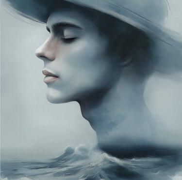 man in hat over ocean waves
