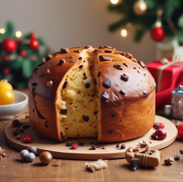 panetone de chocolate em um prato em cima de uma mesa enfeitada para o natal