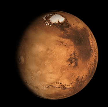 Representação em alta resolução de Marte com destaque para a calota polar branca