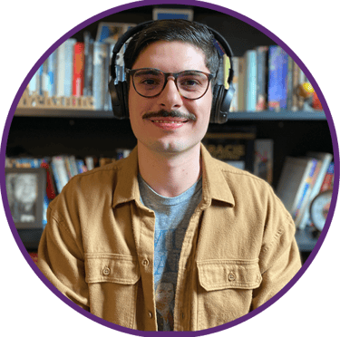 a man with headphones and headphones on a bookshelf