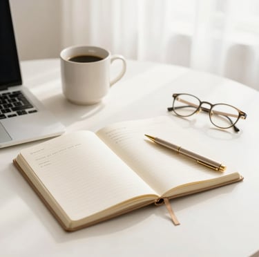 A cozy workspace with a notebook open, a cup of tea, and soft natural light inviting calm and focus.