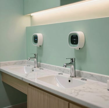 Photography of a modern corporate lactation room touchless sink and sterilization area in Hispanic / Corporate Latin America & Spain. Pastel light green accents, sleek marble counter, soft warm lighting.