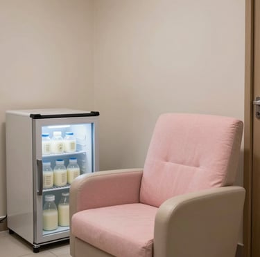Photography of an upscale corporate lactation room detail in Hispanic / Corporate Latin America & Spain. Showing a quiet nursing armchair with a pastel pink cushion, small refrigerator for breast milk storage, and clean soft beige walls.