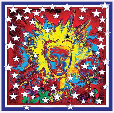 Pop art of American flag with face of The Statue of Liberty.