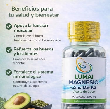 Beneficios de Magnesio + Zinc, D3 y K2 de LUMAI