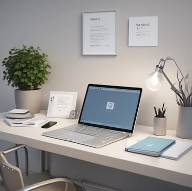 A clean, modern office workspace with industrial supplies and a laptop displaying procurement data.