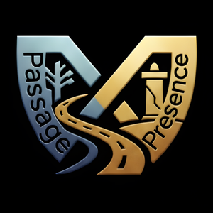 Passage and Presence logo featuring a winding road between blue and gold shield shapes on a black background.