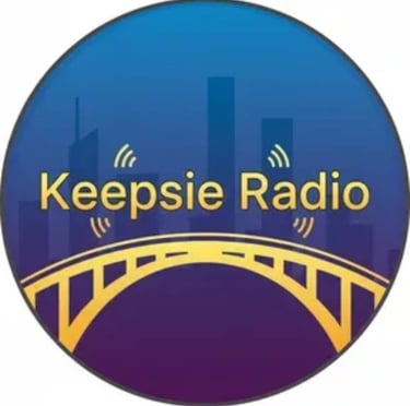 Keepsie Radio logo featuring a yellow bridge icon over a blue and purple city skyline.