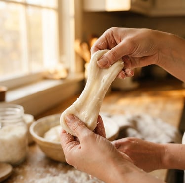 Macro close-up of hands pulling warm, glossy white coconut candy dough in a naturally lit kitchen, warm golden tones, soft side lighting, 50mm