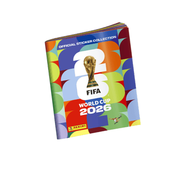 Official Panini FIFA World Cup 2026 sticker album with colorful abstract graphics and trophy logo.