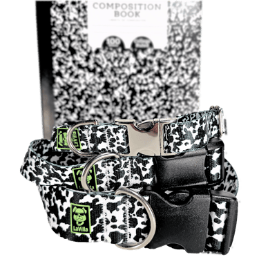 A black and white Dog collar in the classic composition notebook design..