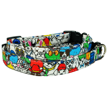 A Dog collar with colorful well dressed dogs