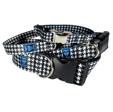 A Houndstooth patterned Dog collar with chrome and black buckles