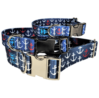 A blue Dog Collar with white anchors for salty dogs of adventure