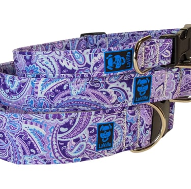 A violet and blue paisley dog collar