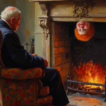 Oil painting of an elderly man in an armchair looking at a surreal upside-down head in a burning fireplace.