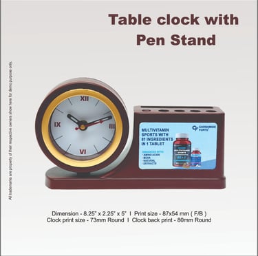 Brown table clock with integrated pen stand and customizable logo area for office desk branding.